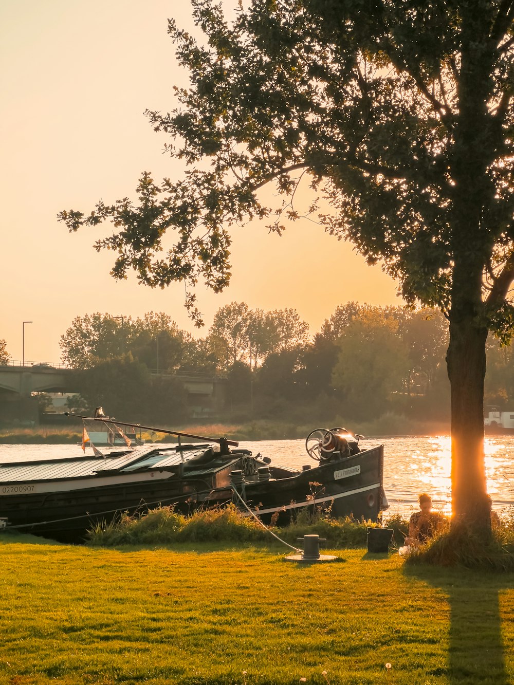 a couple of boats that are sitting in the grass