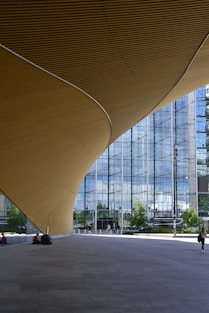 a person walking down a walkway in front of a building