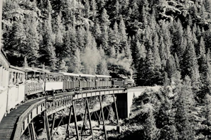 A sepia-toned photograph of an old steam locomotive crossing a countryside bridge at dawn