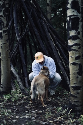 A person is crouching and interacting affectionately with a dog in a forested area. The surroundings include dark tree trunks and scattered leaves on the ground. They appear to be near a makeshift shelter built from large sticks.