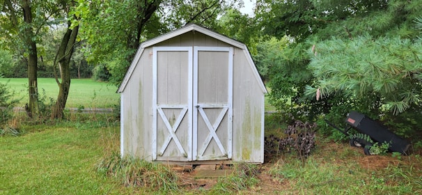 A small, weathered wooden shed with white trim sits in a lush, green garden surrounded by tall trees and overgrown bushes. The structure has double doors with a rustic appearance and is partly covered with moss at the bottom. A wheelbarrow rests nearby among the foliage.