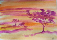 A fan-submitted watercolor painting of Eevee and its evolutions in warm sunset colors.