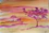 A watercolor painting depicting a serene landscape with two prominent trees in the foreground and middle ground. The sky is painted with warm hues of orange, pink, and yellow, creating a tranquil sunset or sunrise effect.