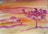 A watercolor painting depicting a serene landscape with two prominent trees in the foreground and middle ground. The sky is painted with warm hues of orange, pink, and yellow, creating a tranquil sunset or sunrise effect.