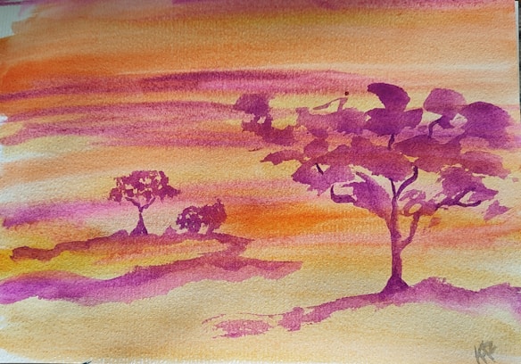 A watercolor painting depicting a serene landscape with two prominent trees in the foreground and middle ground. The sky is painted with warm hues of orange, pink, and yellow, creating a tranquil sunset or sunrise effect.