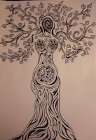 An intricate black and white drawing of a tree with human-like features. The trunk resembles a woman's body, transitioning into branches as arms and a leafy canopy forming the head and hair. Detailed patterns, including flowers and a peace sign, adorn the trunk.