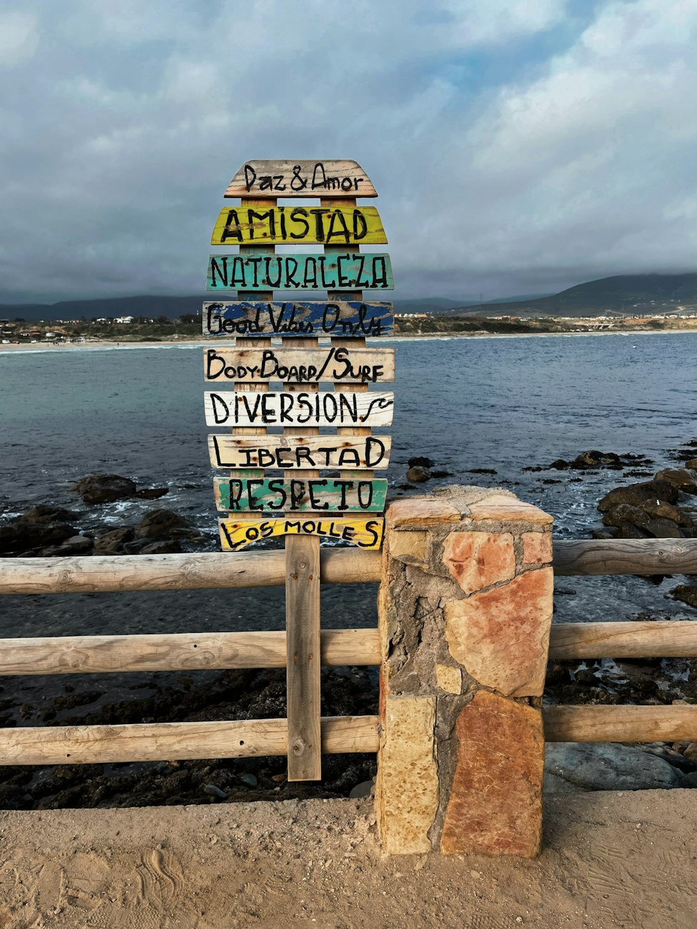 a wooden sign sitting on top of a sandy beach