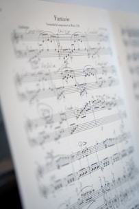 A close-up view of a sheet of musical notation titled 'Fantasie'. The sheet is filled with musical notes, staffs, and annotations written in pencil and ink, suggesting it has been used for studying or practicing music. The background is slightly blurred, drawing focus to the music sheet.