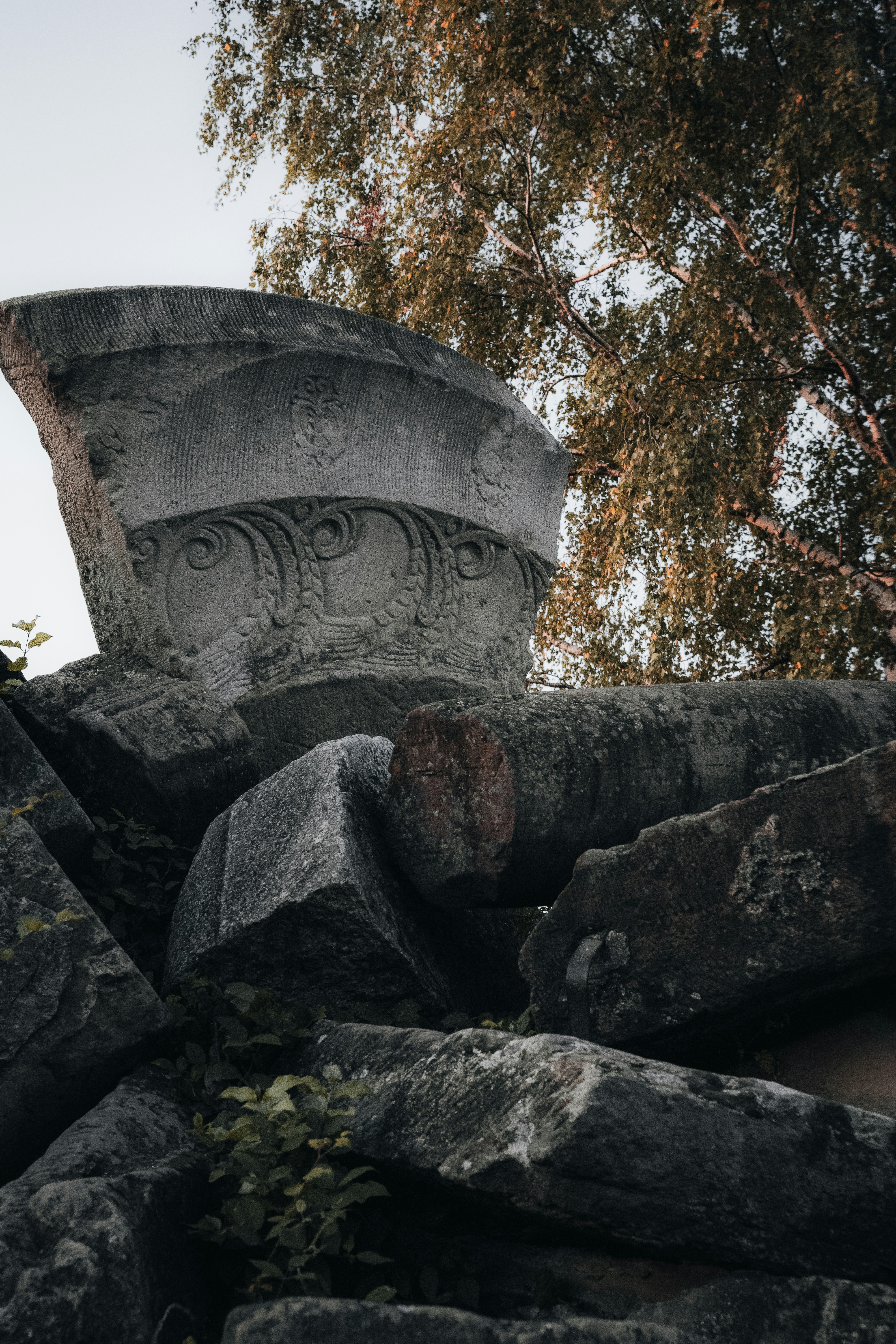 Stone remains of damaged buildings during WWII piled up as memorial