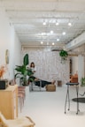 A modern, minimalist interior with bright white walls and a high ceiling featuring exposed beams and lighting fixtures. The space includes a stylish wall with abstract patterns and an assortment of indoor plants. A person is working with another person seated on a chair in the middle of the room, suggesting a relaxed, professional environment. Additional seating with pink chairs and a wooden cabinet are visible to the side.