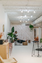 A modern, minimalist interior with bright white walls and a high ceiling featuring exposed beams and lighting fixtures. The space includes a stylish wall with abstract patterns and an assortment of indoor plants. A person is working with another person seated on a chair in the middle of the room, suggesting a relaxed, professional environment. Additional seating with pink chairs and a wooden cabinet are visible to the side.