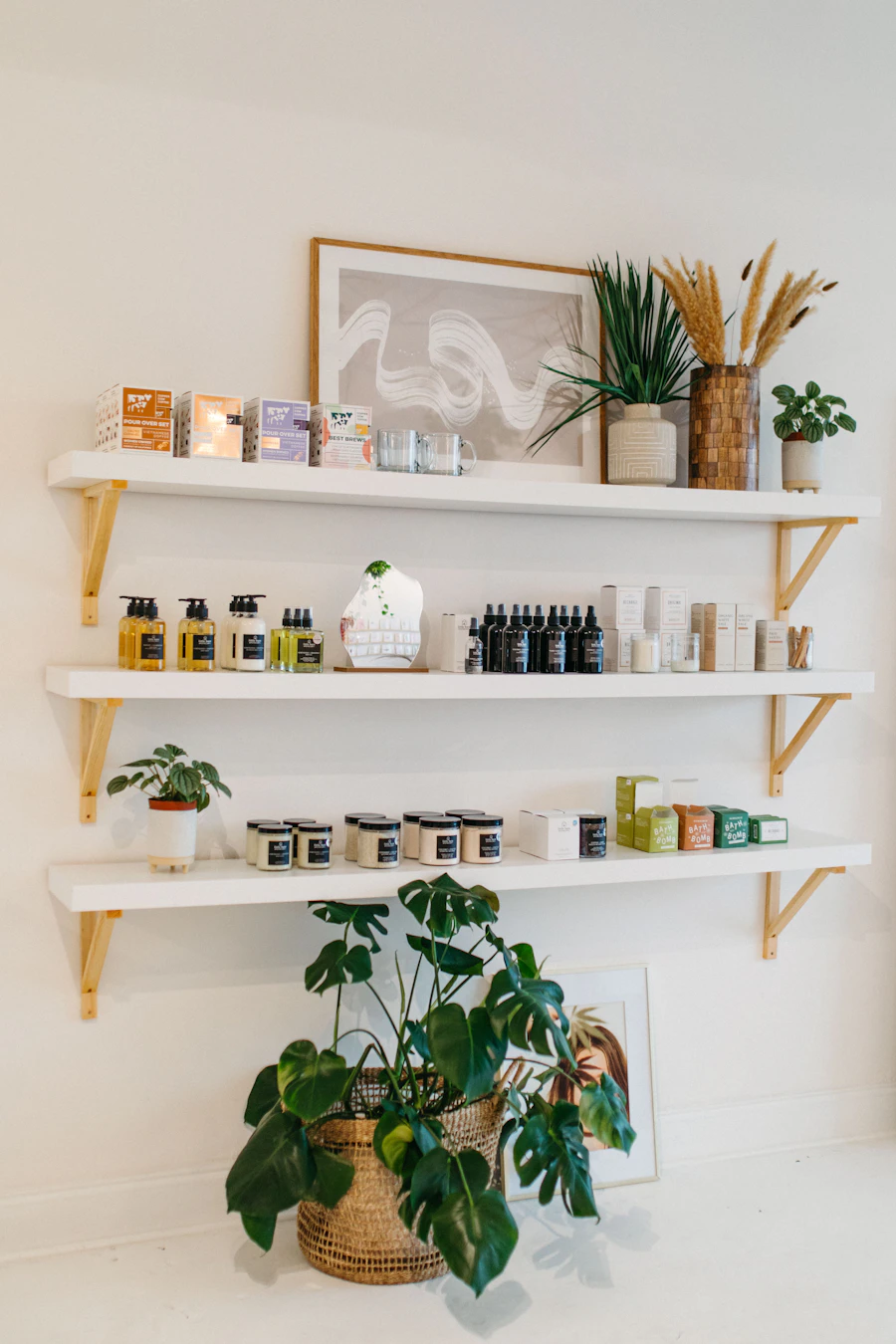 Hair care products on wooden wall shelves