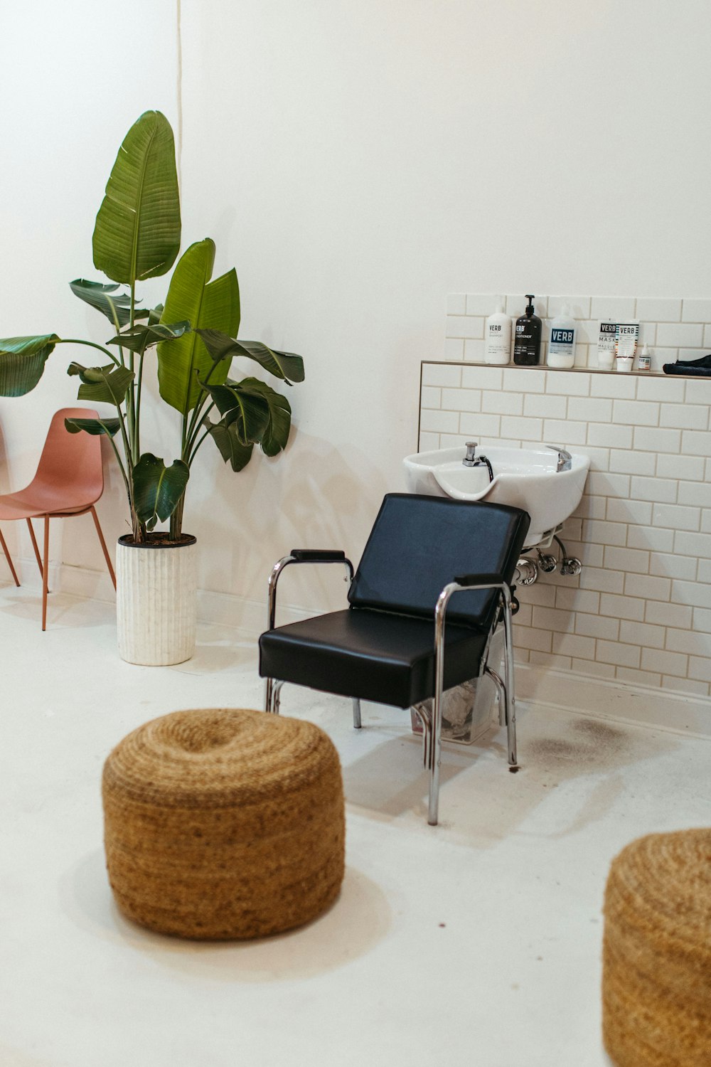a room with a chair, sink and a plant in it