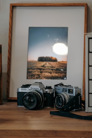 Two vintage cameras, a Nikon and a Canon, rest on a wooden surface with a framed photograph in the background. The photograph features a landscape with a field and trees under a clear sky. The setup evokes a nostalgic feeling of classic photography.