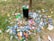 A black trash can is surrounded by a large quantity of litter, including plastic bottles, cans, and other waste items scattered on a grassy field. The scene conveys neglect and environmental pollution with fallen leaves adding to the untidiness.