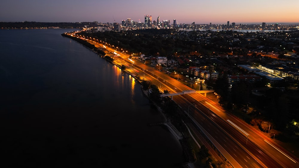 an aerial view of a city at night