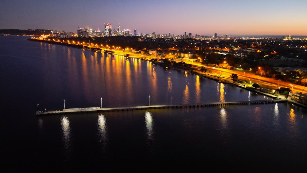 an aerial view of a city at night