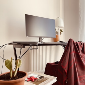 A modern workspace with a large monitor on a black desk is situated against a white wall and radiator. A potted cactus and another plant add a touch of greenery. A red and brown checkered blanket is draped over a nearby chair. A small table holds magazines and a small red decorative object.
