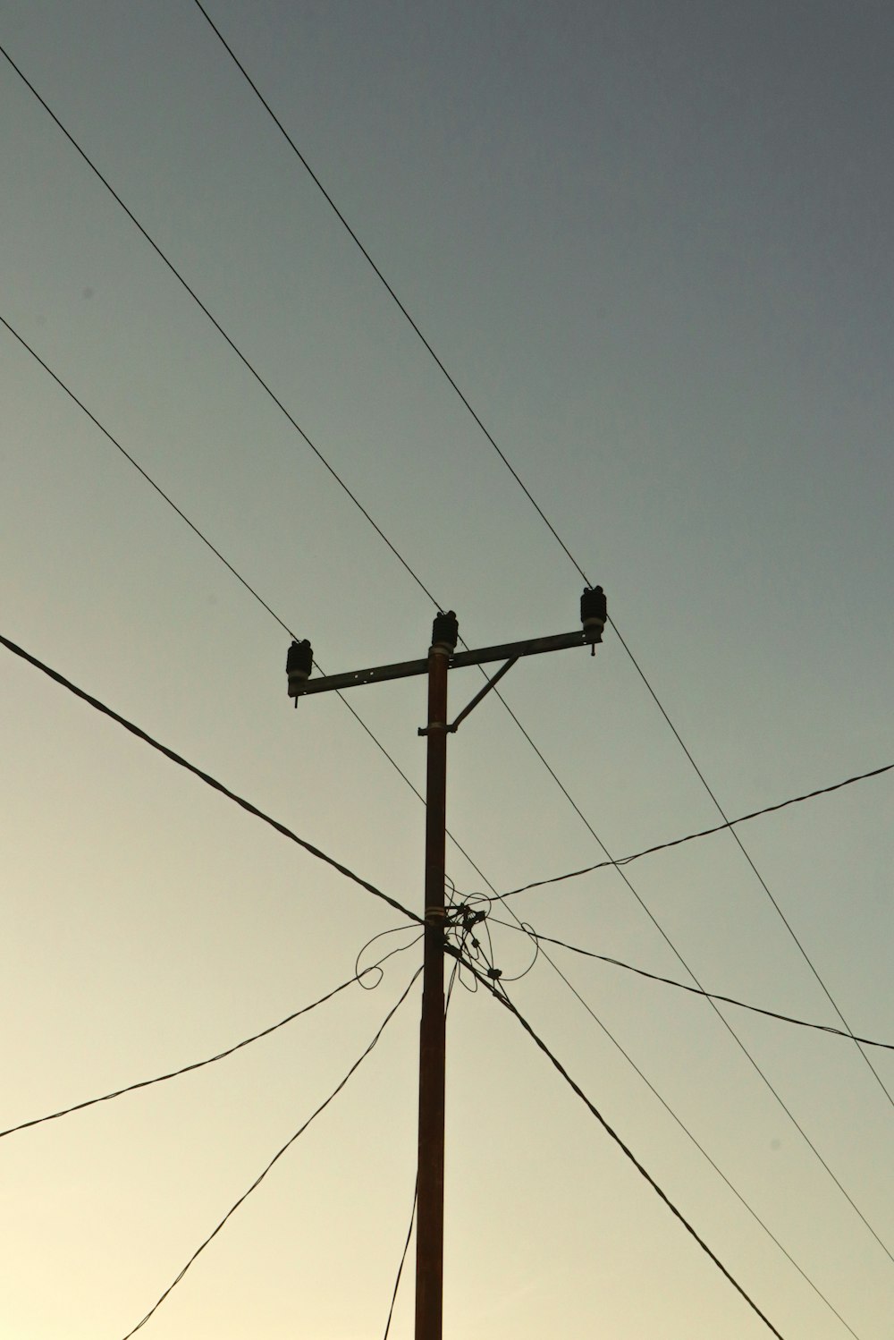 a telephone pole with two birds sitting on top of it