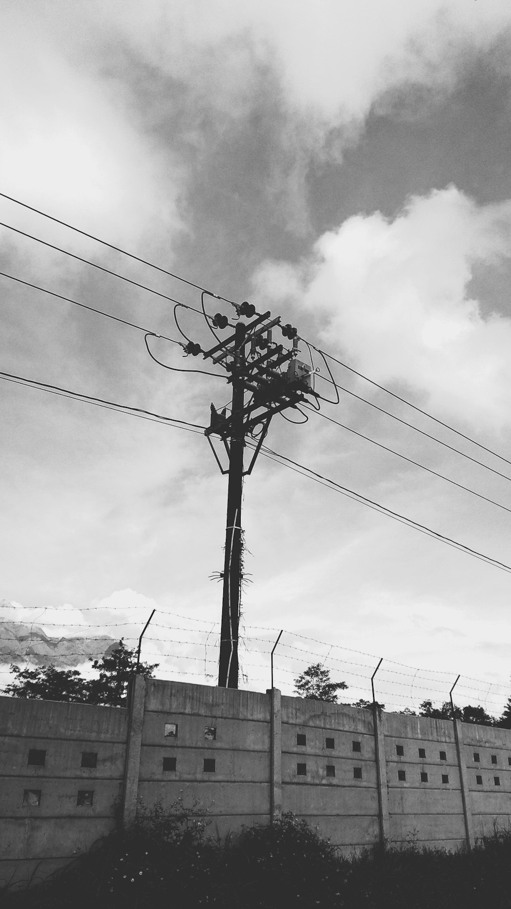 a black and white photo of a telephone pole