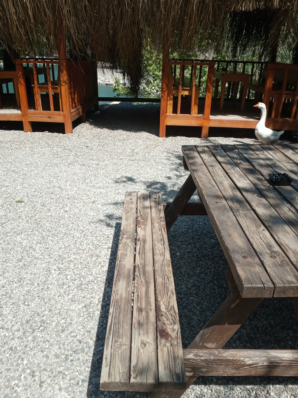 a wooden picnic table with a goose sitting on top of it