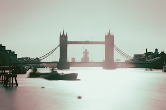 A refined photo of London’s Tower Bridge under a soft golden sunset.