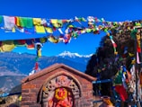 Colorful prayer flags fluttering in the breeze at a Buddhist monastery in Sikkim