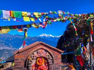 Colorful prayer flags fluttering in the breeze at a Buddhist monastery in Sikkim