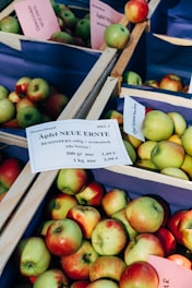 Wooden crates are filled with freshly harvested apples, predominantly red and green in color. Signs in German provide information about the apples, mentioning details like 'Neue Ernte' (new harvest) and pricing. The apples are neatly arranged, showcasing an appealing and fresh display.