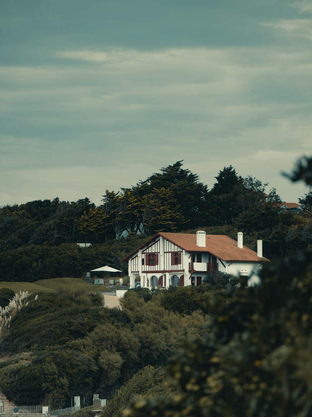 a house on a hill with trees in the background