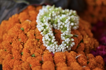 A cluster of vibrant orange marigold flowers is adorned with a neatly arranged garland of small white jasmine flowers. The contrast between the bright orange and the crisp white creates an eye-catching display. The background subtly hints at more flowers.