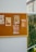 A bulletin board mounted on a wall displays several vintage-style advertisements and posters related to food items. The posters include images of pancakes, chocolate, and other food products pinned on the board. The board is positioned next to a window, allowing natural light to illuminate the posters.