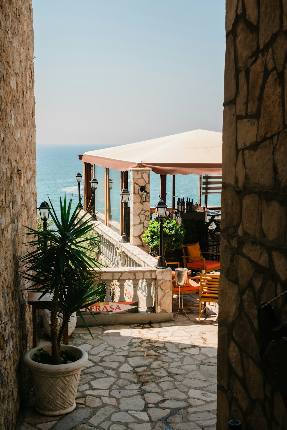 a patio with a potted plant on the side of it