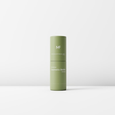 A minimalistic cylindrical green cosmetic bottle displayed against a plain white background. The bottle design includes simple text and a clean, modern look.