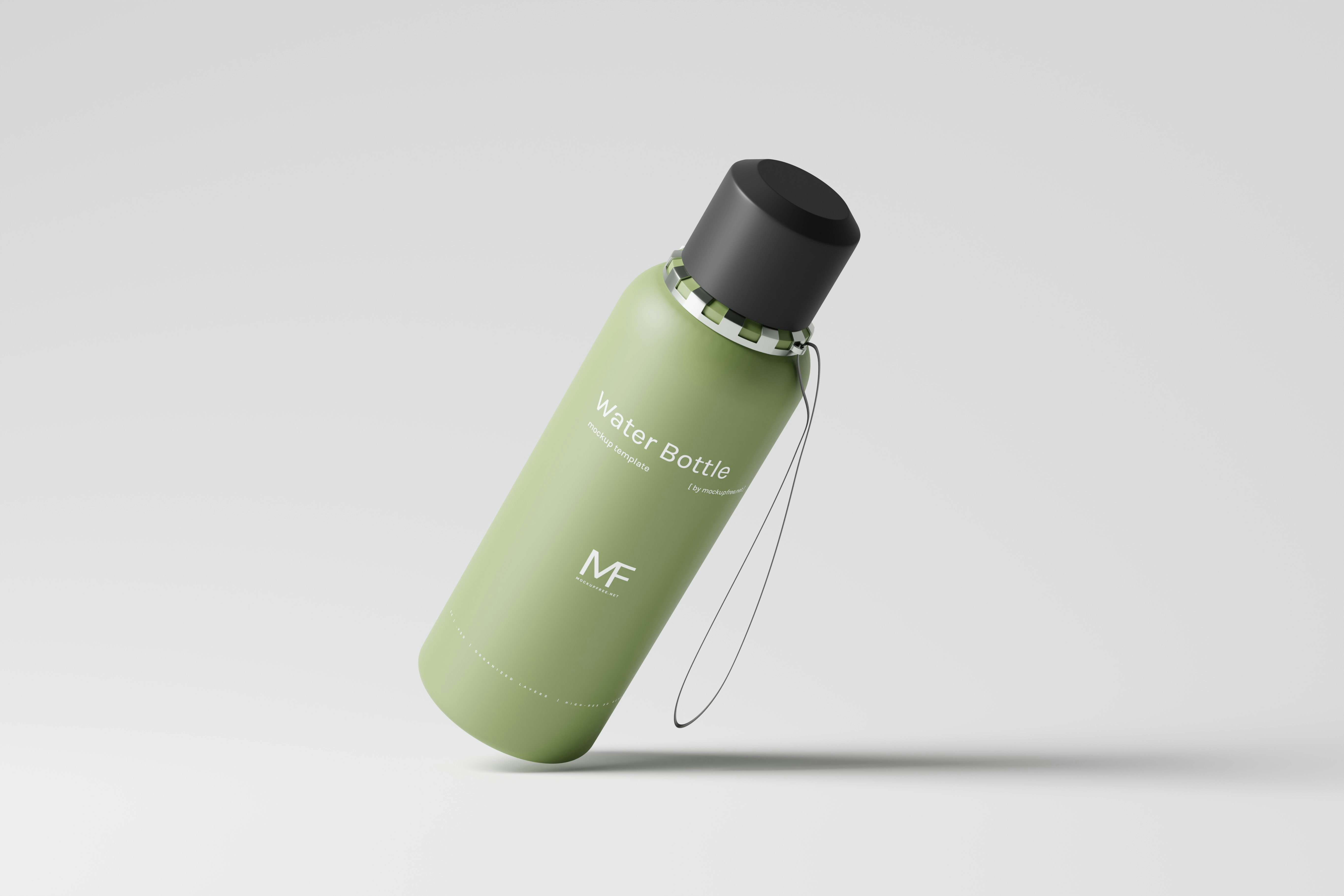 Matte black stainless steel water bottle on white marble surface