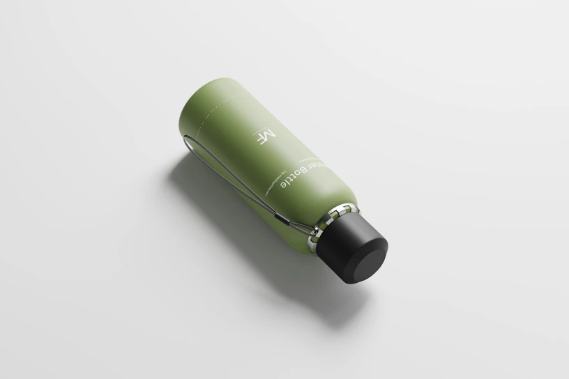 A sleek dark green reusable water bottle featuring a subtle logo imprint.
