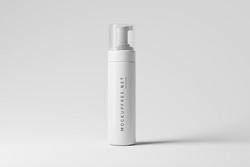 A tall, slender white bottle with a pump cap is centered against a plain light gray background. The bottle's surface is smooth, and it features the text 'MOCKUPFREE.NET' vertically along its side.
