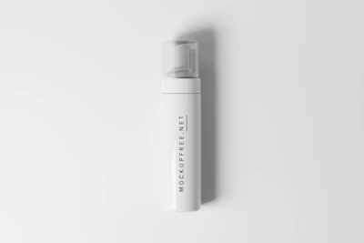 A sleek white bottle with a clear cap, featuring vertical text that reads 'MOCKUPFREE.NET'. The minimalist design highlights its modern and clean aesthetic.