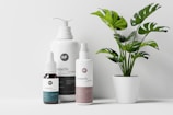 A minimalist arrangement of three cosmetic products next to a potted plant with green leaves. The cosmetics include a small dropper bottle, a pump bottle, and a spray bottle, all featuring a sleek, modern design with labels that read 'cosmetic mockups'. The potted plant adds a natural element to the scene, creating a balance between the products and the decor.