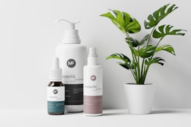 A minimalist arrangement of three cosmetic products next to a potted plant with green leaves. The cosmetics include a small dropper bottle, a pump bottle, and a spray bottle, all featuring a sleek, modern design with labels that read 'cosmetic mockups'. The potted plant adds a natural element to the scene, creating a balance between the products and the decor.