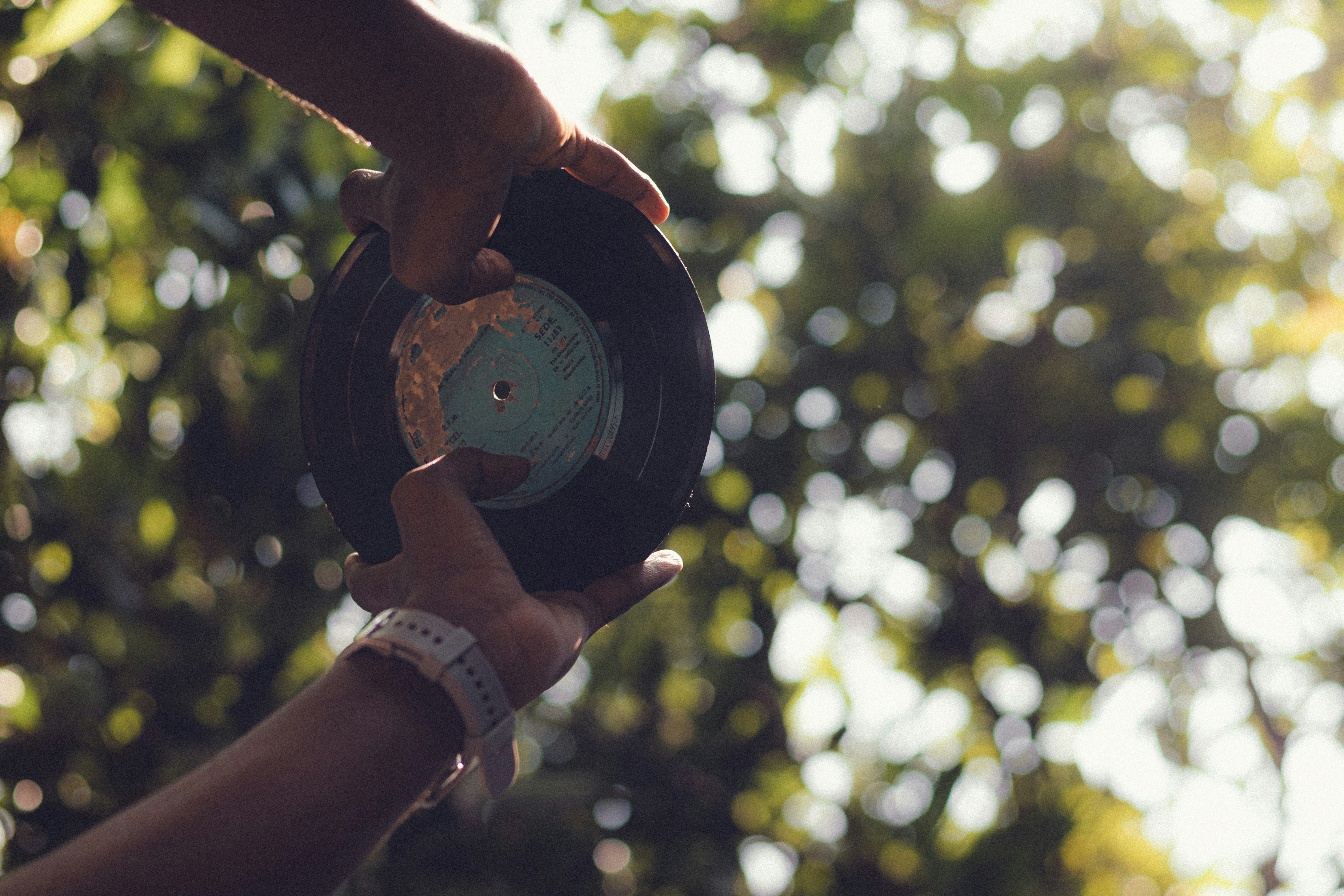 eine Person, die eine Schallplatte in der Hand hält