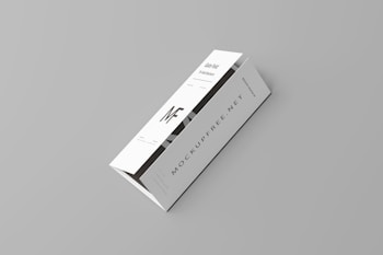 A white tri-fold pamphlet with a minimalist design placed on a light gray background. The pamphlet features bold, black typography with the letters 'MF' prominently displayed. The text 'MOCKUPFREE.NET' is visible, along with some smaller text details. The pamphlet appears sleek and professional.