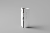 A folded paper brochure with a minimalist design is placed upright against a neutral background. The brochure has text elements, including a bold 'MF' logo and vertical text 'MOCKUPFREE.NET.'