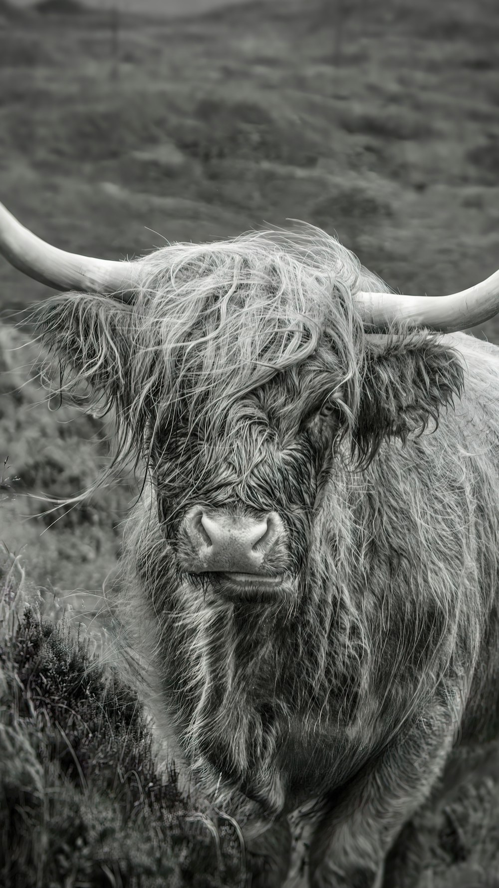 a black and white photo of a long horn bull