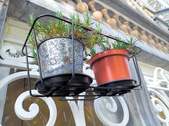 Custom-made iron plant holder with a rustic finish displayed in a cozy garden setting.