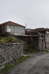 An old, rustic stone house with a wooden upper section and red-tiled roof. The walls are made of uneven stones, blending into a stone fence surrounding the property. A narrow, dirt path leads alongside the building. There are some yellow flowers growing near the stone wall, adding a splash of color to the gray, subdued setting. The scene conveys a sense of history and timelessness.