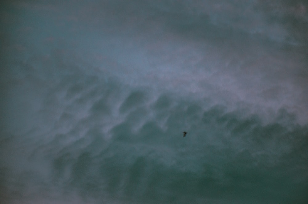 a bird flying through a cloudy blue sky