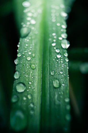 Close-up of a vibrant green leaf with morning dew, symbolizing natural renewal.