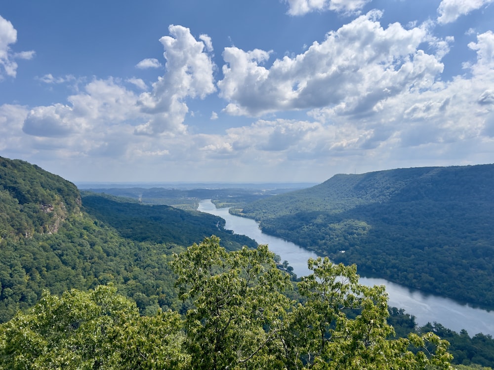 a scenic view of a river in the middle of a valley