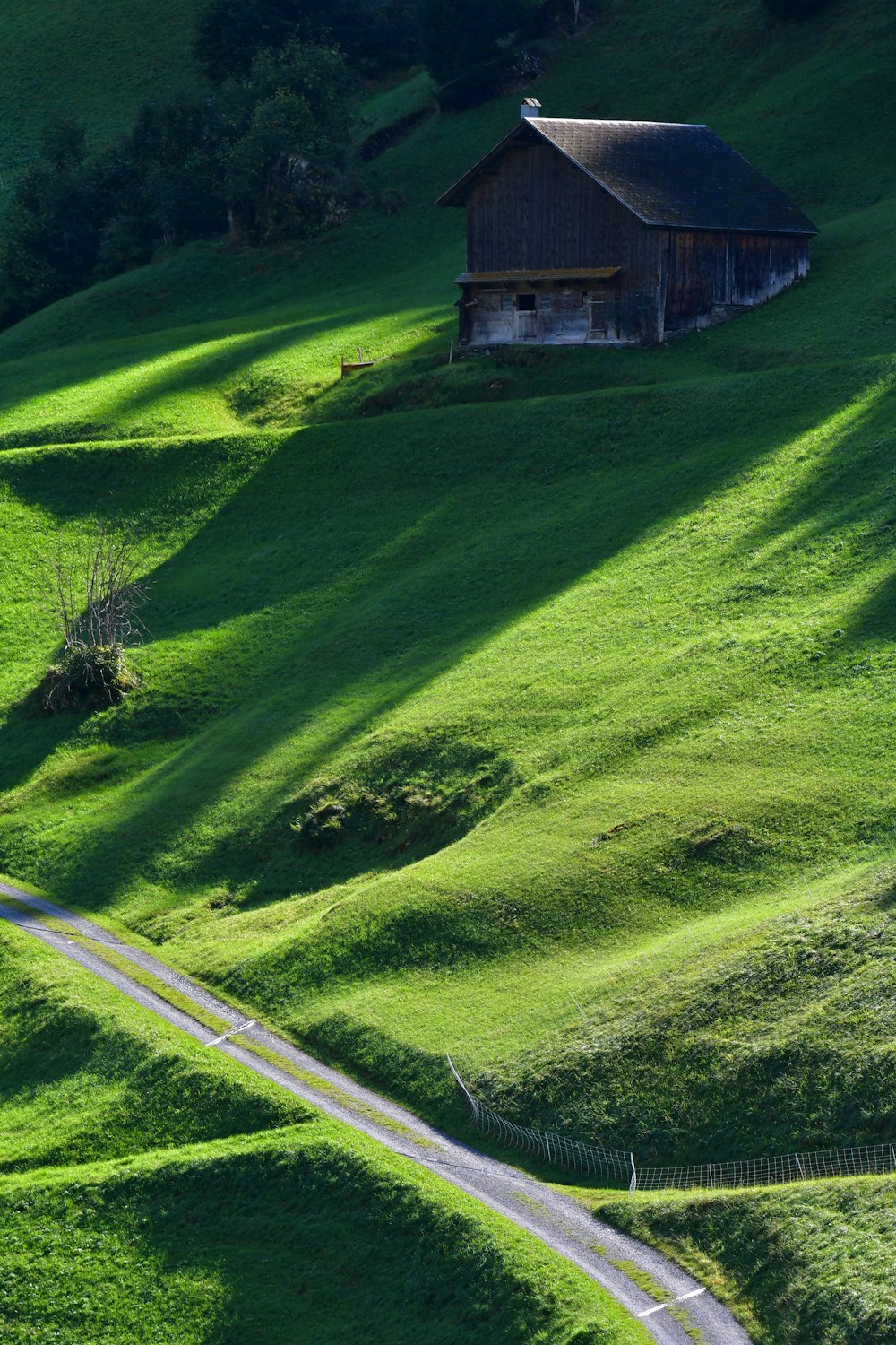 uma colina gramada com uma pequena casa em cima dela